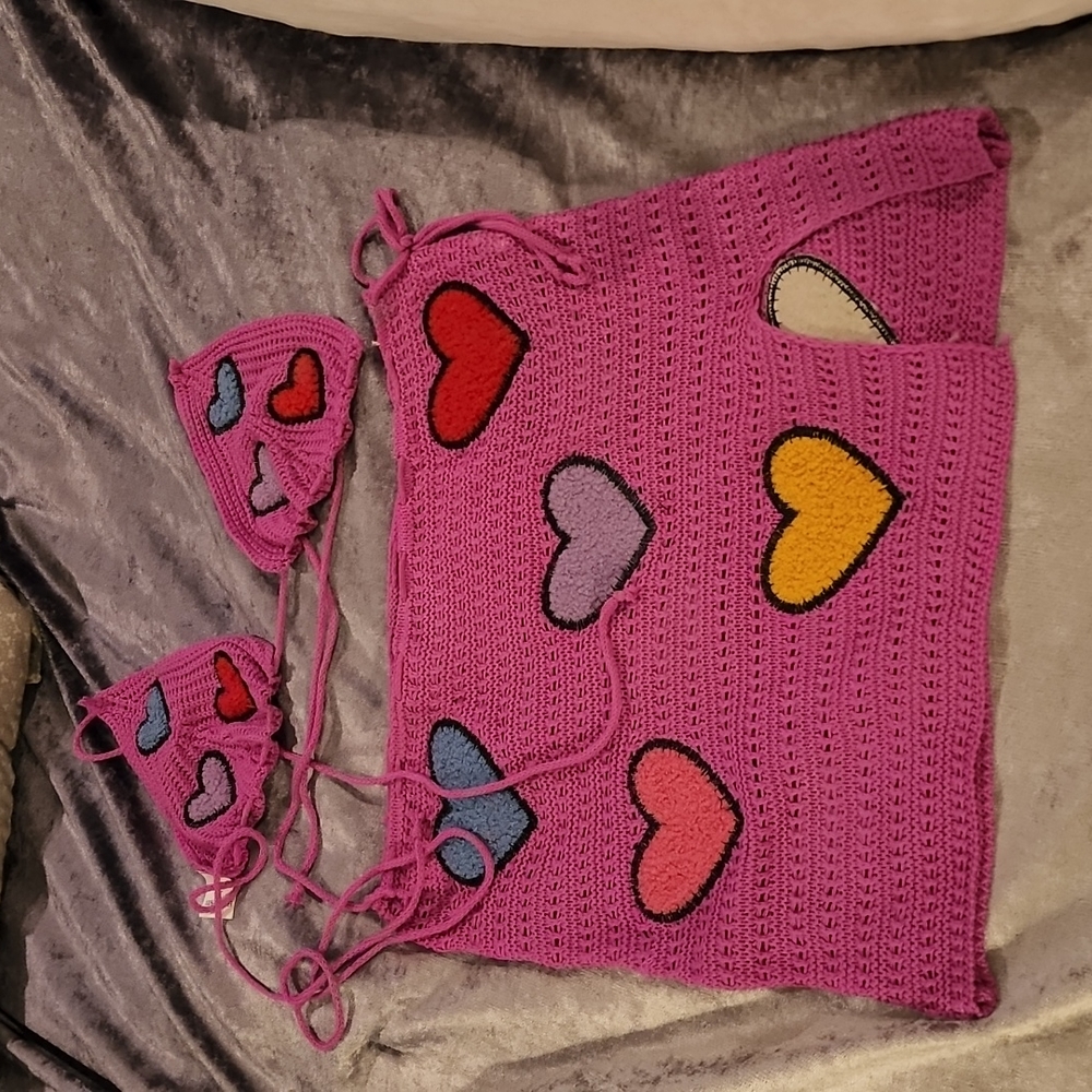 Pink crochet bikini top and skirt cover up with cute heart details